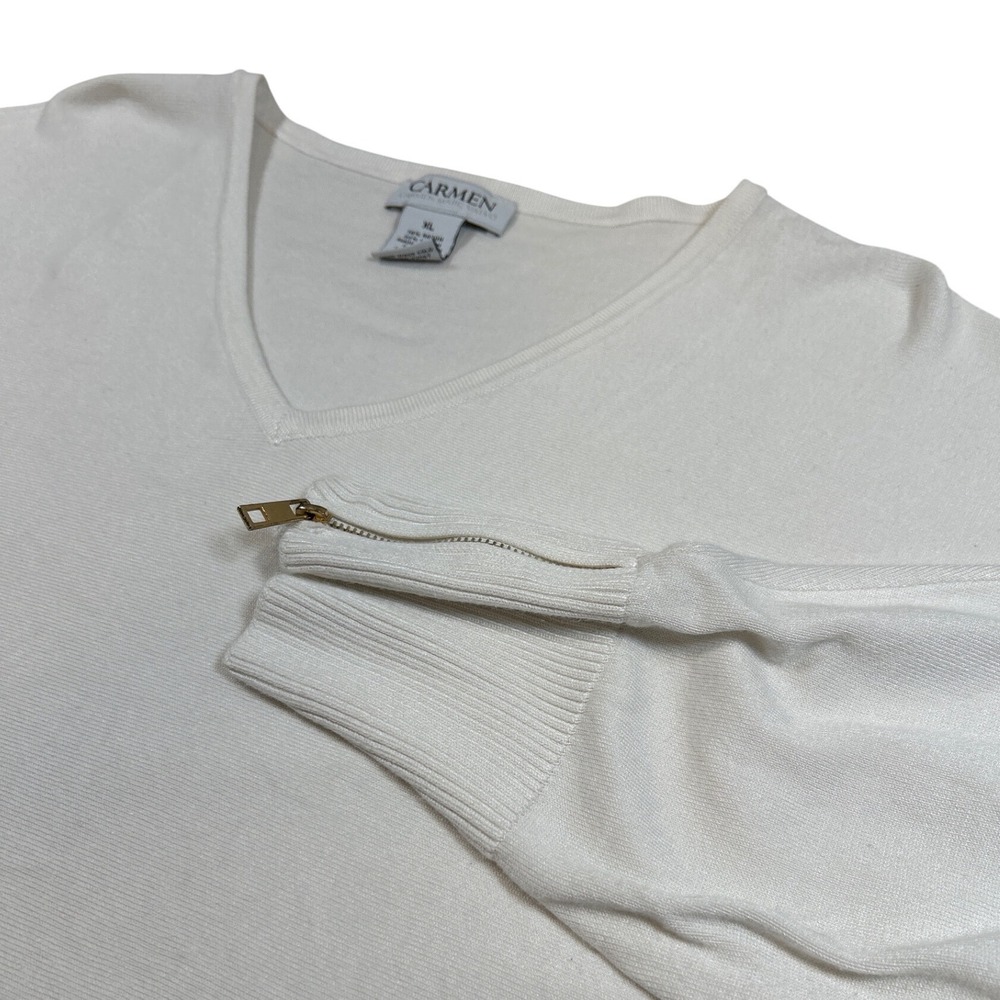 Carmen Marc Valvo Cream White V-Neck Dolman Sleeve Zipper Cuff Sweater Womens XL